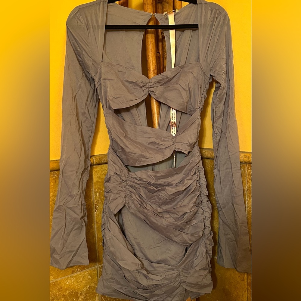 House of CB dress long sleeves slate colored cut out mid thigh length